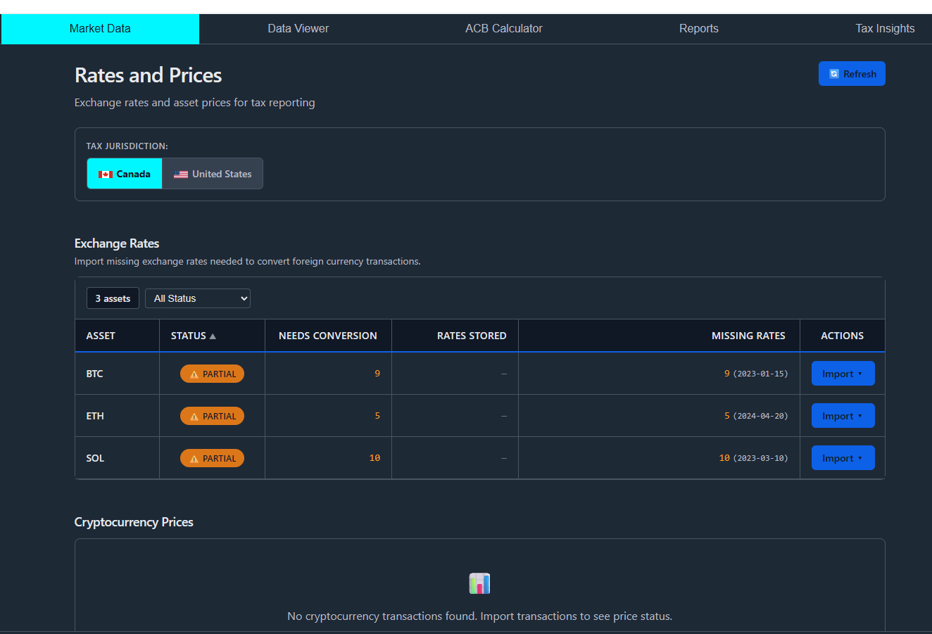 Market Data — exchange rates and asset prices with import actions