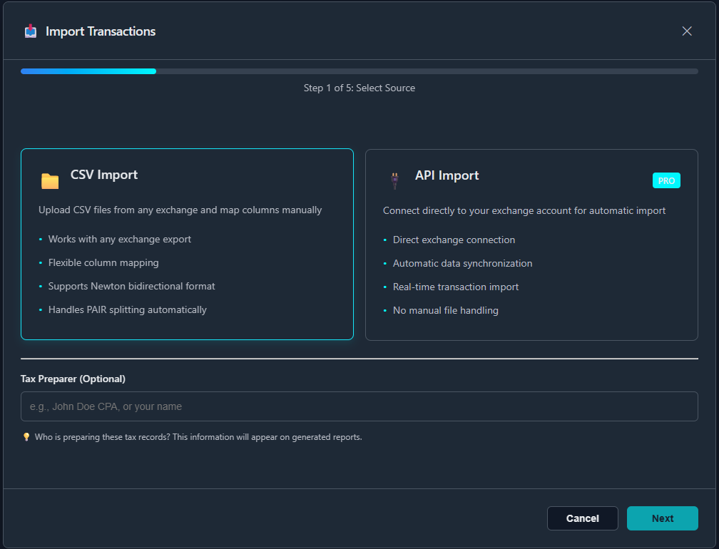 Step 1: Select source — CSV or API import